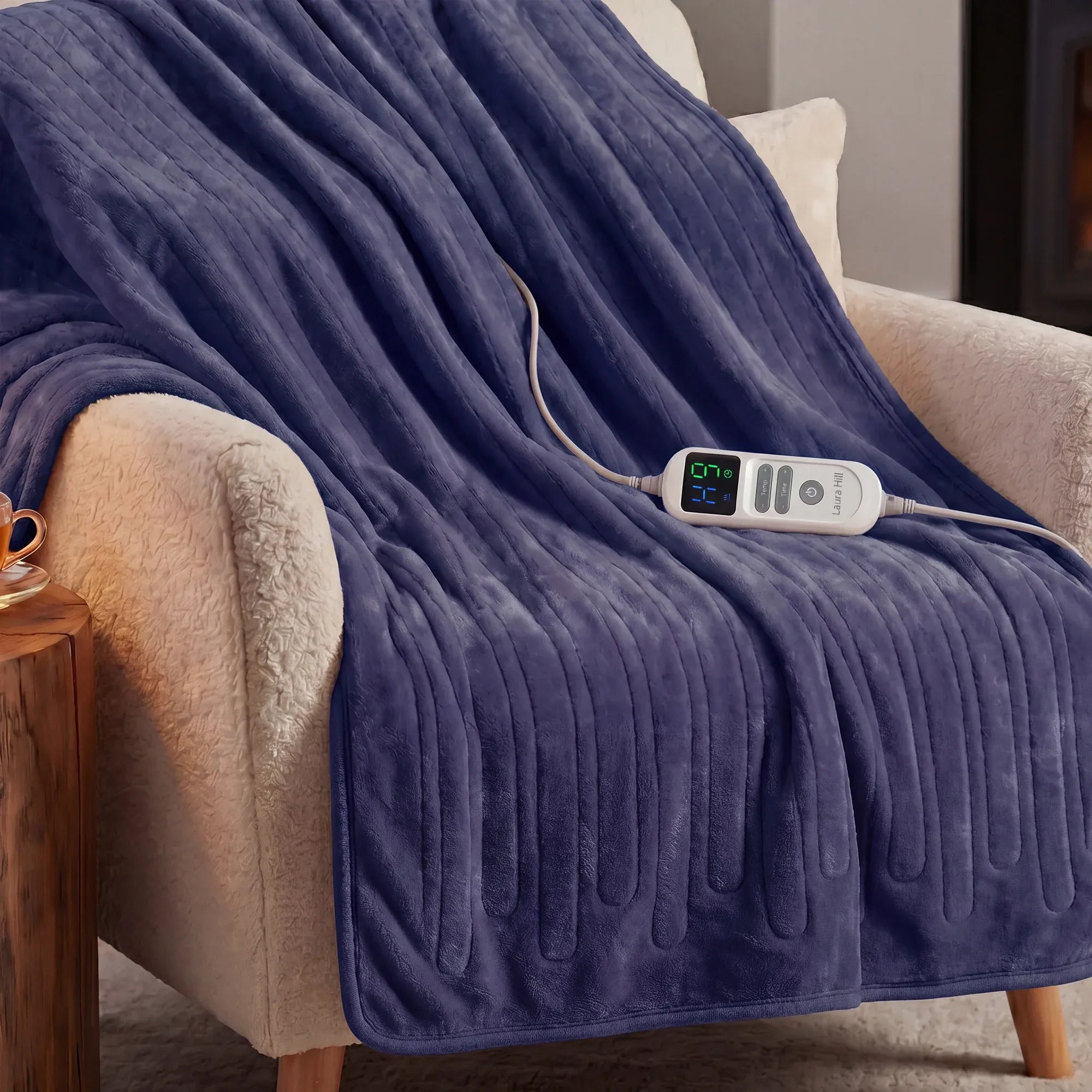 Laura Hill XL Electric Heated Blanket Throw Soft Coral Fleece with 10 Heat Settings - Blue