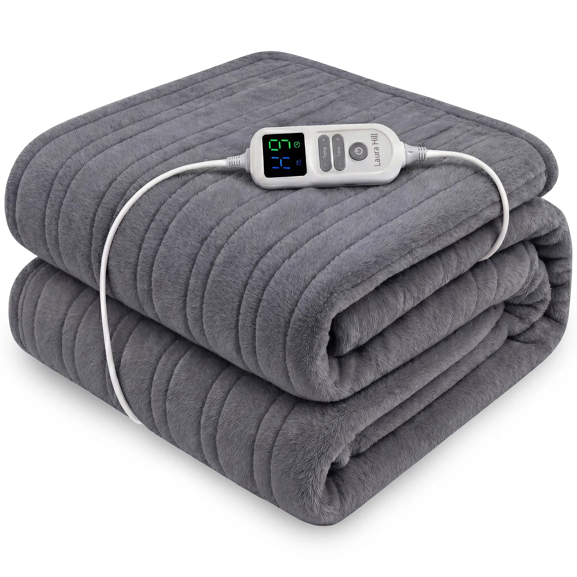 Laura Hill XL Electric Heated Blanket Throw Soft Coral Fleece with 10 Heat Settings - Grey