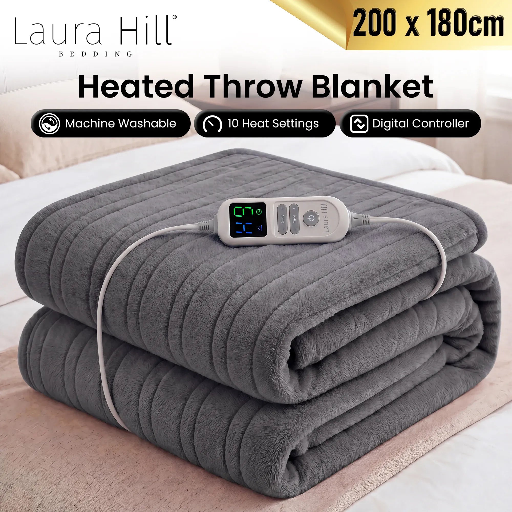 Laura Hill XL Electric Heated Blanket Throw Soft Coral Fleece with 10 Heat Settings - Grey