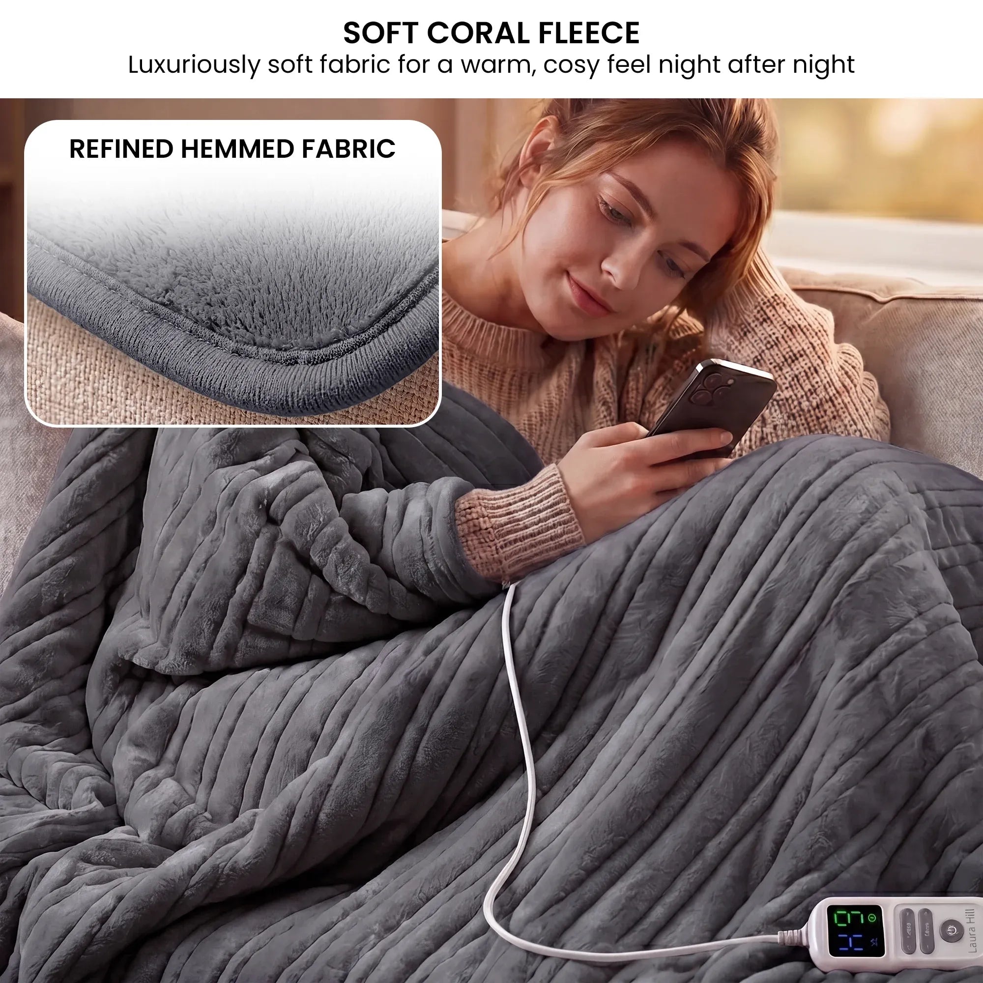 Laura Hill XL Electric Heated Blanket Throw Soft Coral Fleece with 10 Heat Settings - Grey