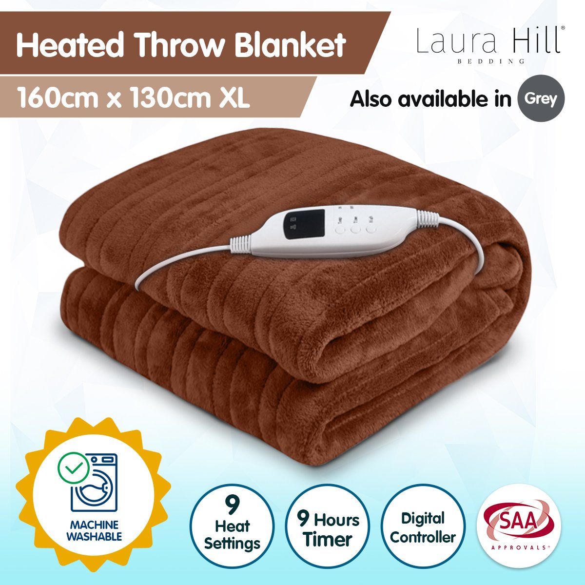 Laura Hill Electric Heated Blanket Throw Soft Coral Fleece w/ 9 Heat Settings - Brown