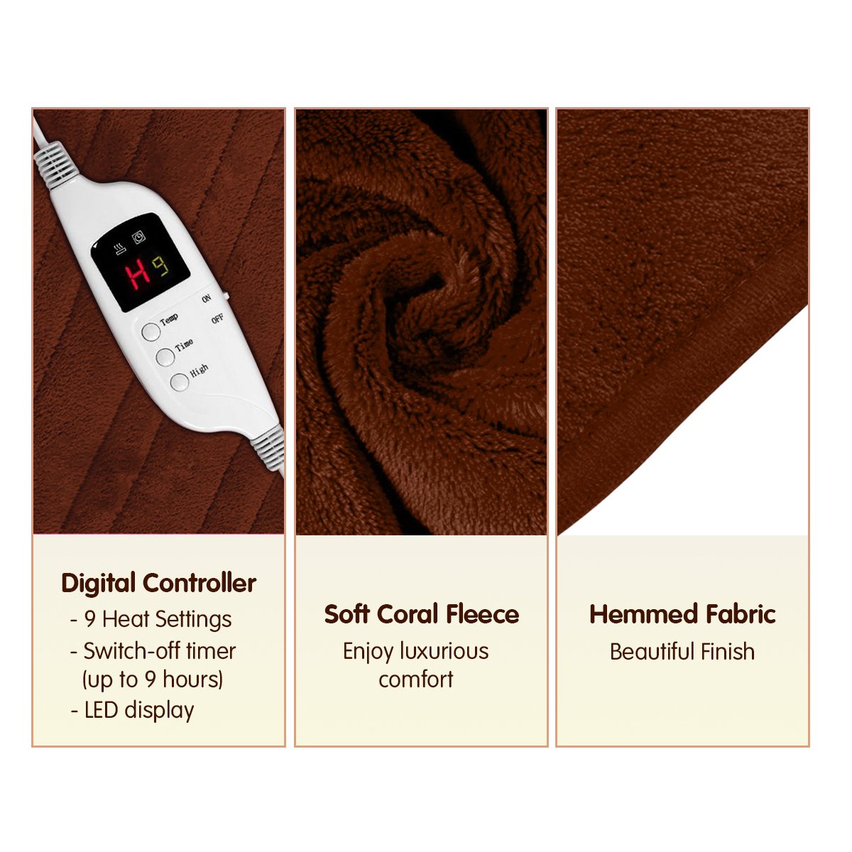 Laura Hill Electric Heated Blanket Throw Soft Coral Fleece w/ 9 Heat Settings - Brown