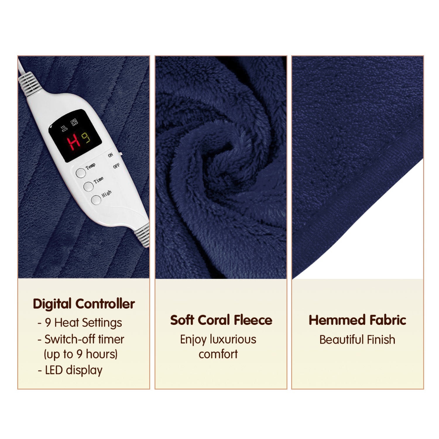 Laura Hill Electric Heated Blanket Throw Soft Coral Fleece w/ 9 Heat Settings - Blue