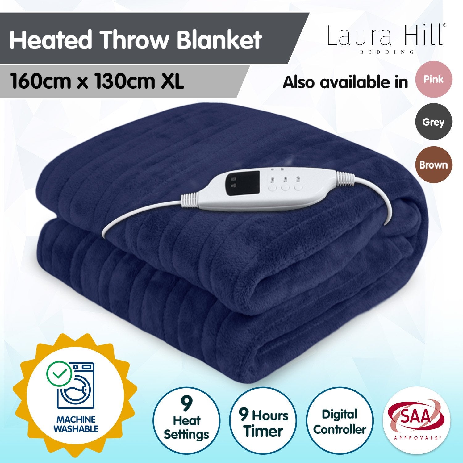 Laura Hill Electric Heated Blanket Throw Soft Coral Fleece w/ 9 Heat Settings - Blue