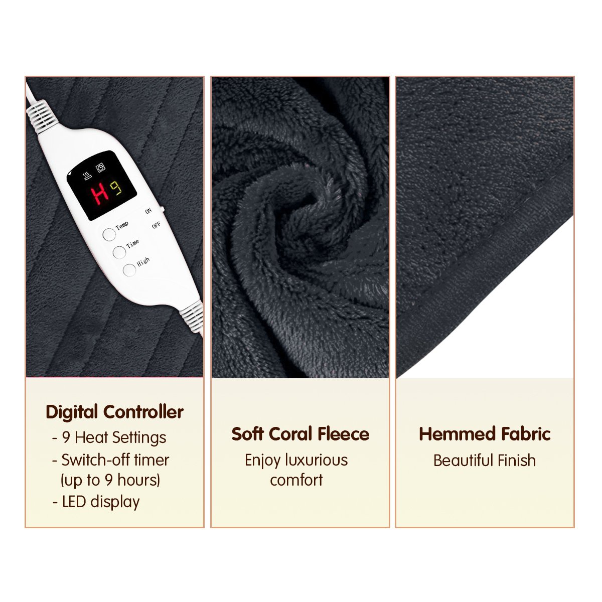 Laura Hill Electric Heated Blanket Throw Soft Coral Fleece w/ 9 Heat Settings - Grey