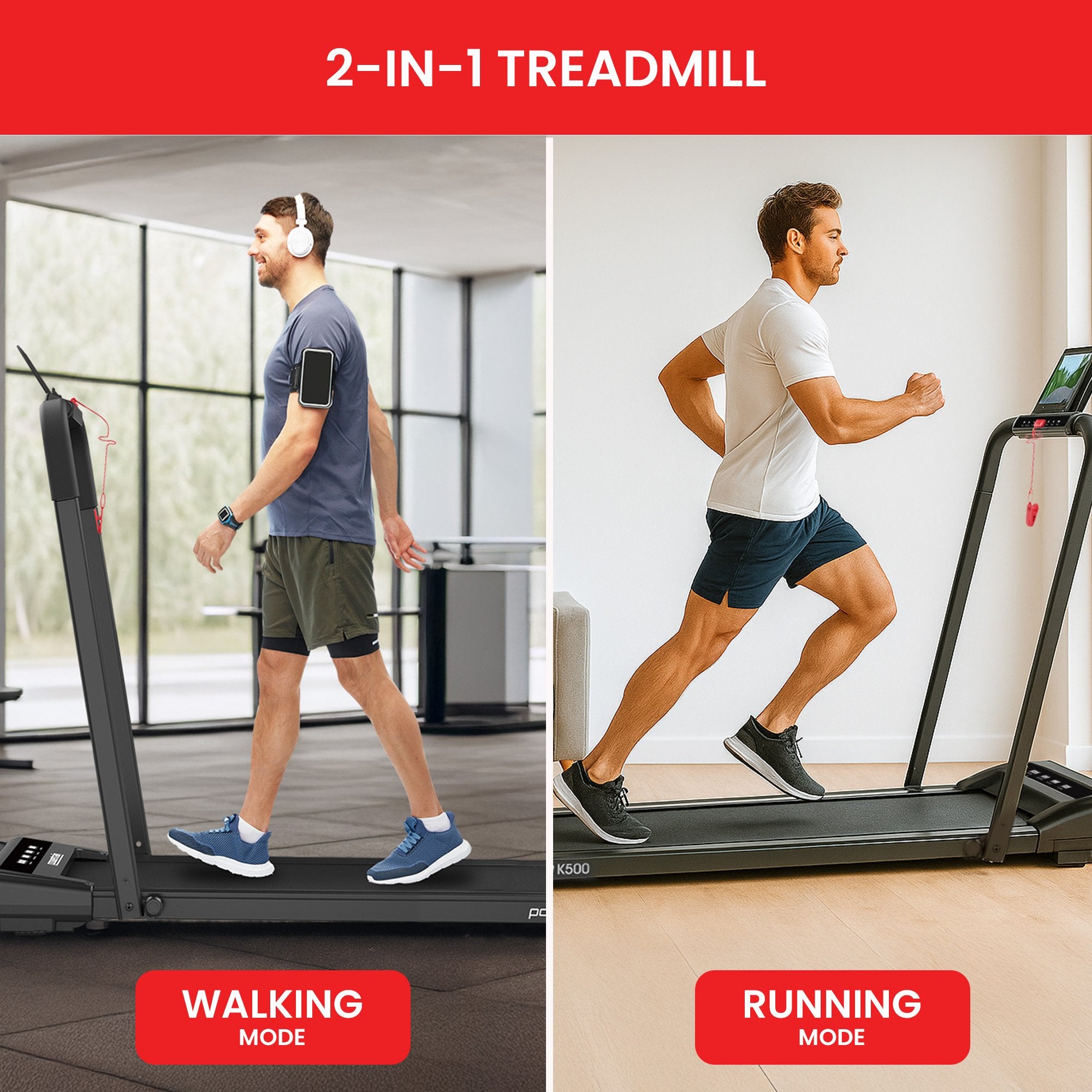 Treadmills: Powertrain K500 Walking Pad Treadmill 2 in 1 Foldable Walking & Running Machine w/2.5HP Motor Dual LED Displays 2 Level