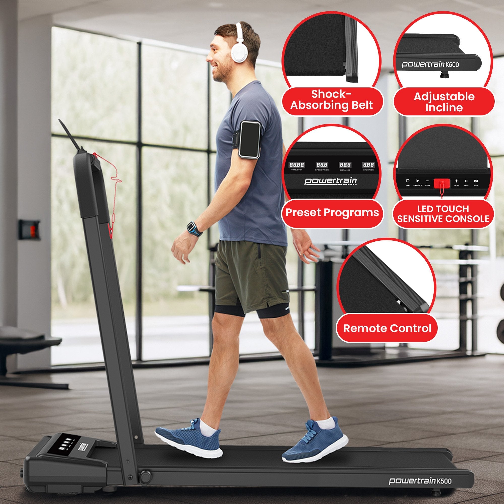 Treadmills: Powertrain K500 Walking Pad Treadmill 2 in 1 Foldable Walking & Running Machine w/2.5HP Motor Dual LED Displays 2 Level