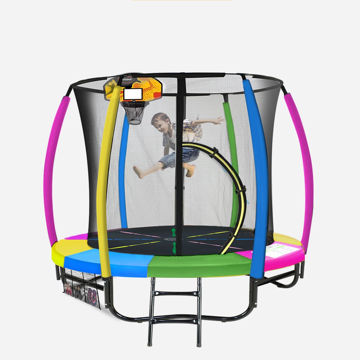 Trampolines & Accessories: Kahuna 8ft Outdoor Trampoline Kids Children With Safety Enclosure Mat Pad Net Ladder Basketball Hoop Set - Rainbow
