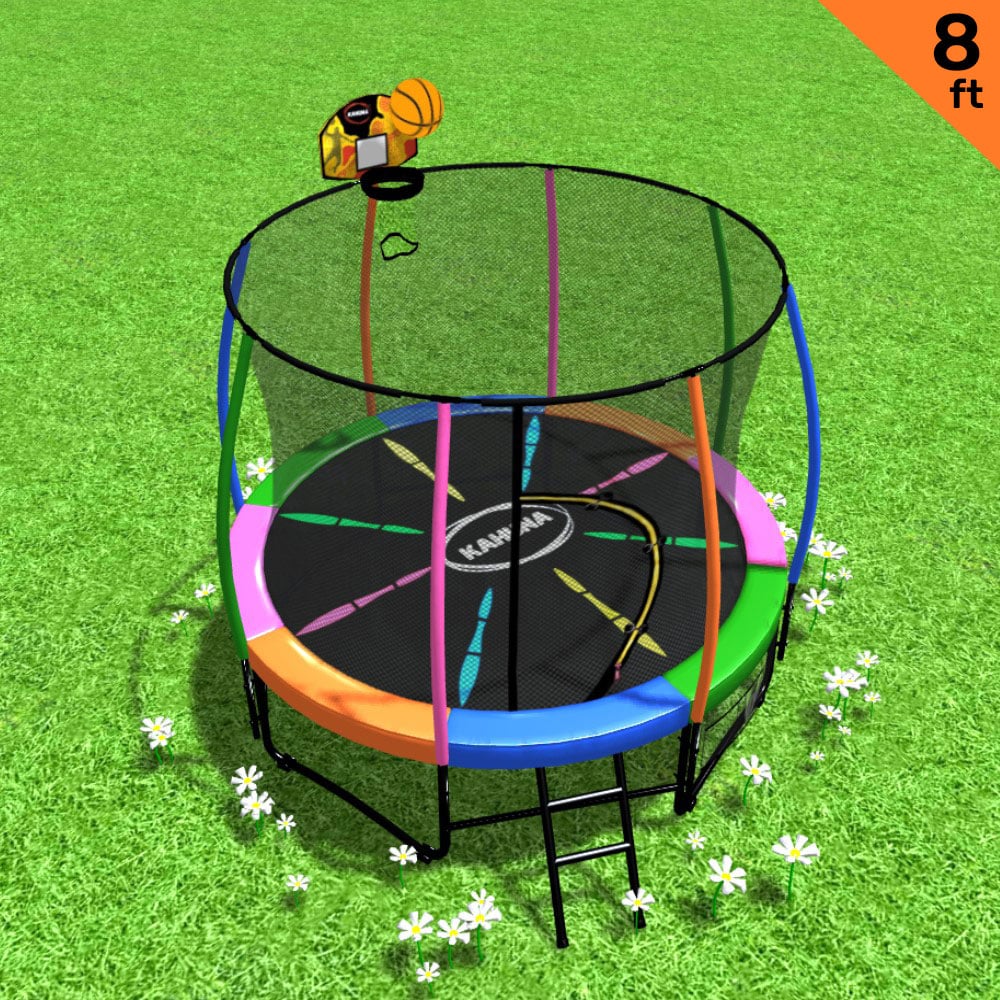 Trampolines & Accessories: Kahuna 8ft Outdoor Trampoline Kids Children With Safety Enclosure Mat Pad Net Ladder Basketball Hoop Set - Rainbow