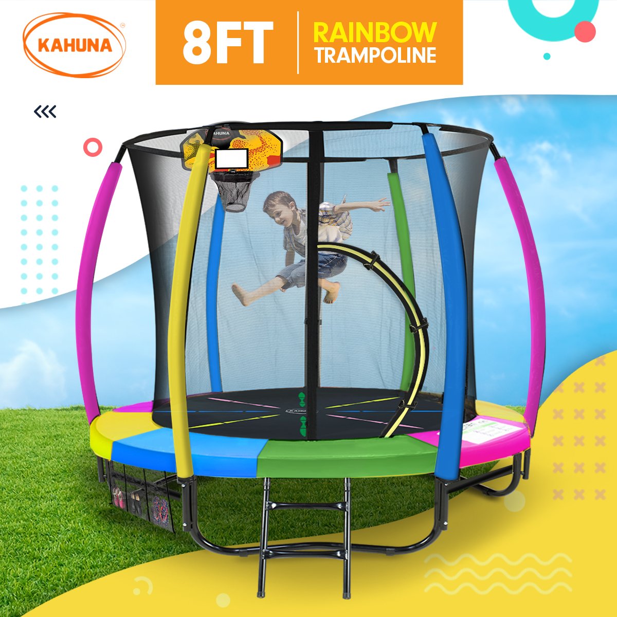 Trampolines & Accessories: Kahuna 8ft Outdoor Trampoline Kids Children With Safety Enclosure Mat Pad Net Ladder Basketball Hoop Set - Rainbow