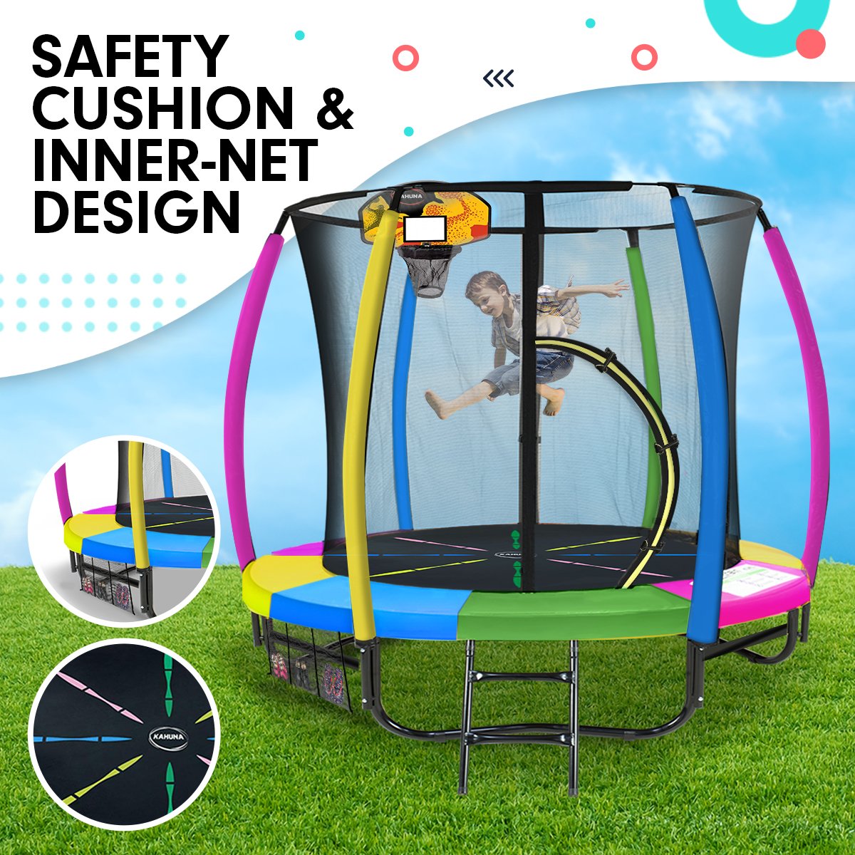 Trampolines & Accessories: Kahuna 8ft Outdoor Trampoline Kids Children With Safety Enclosure Mat Pad Net Ladder Basketball Hoop Set - Rainbow