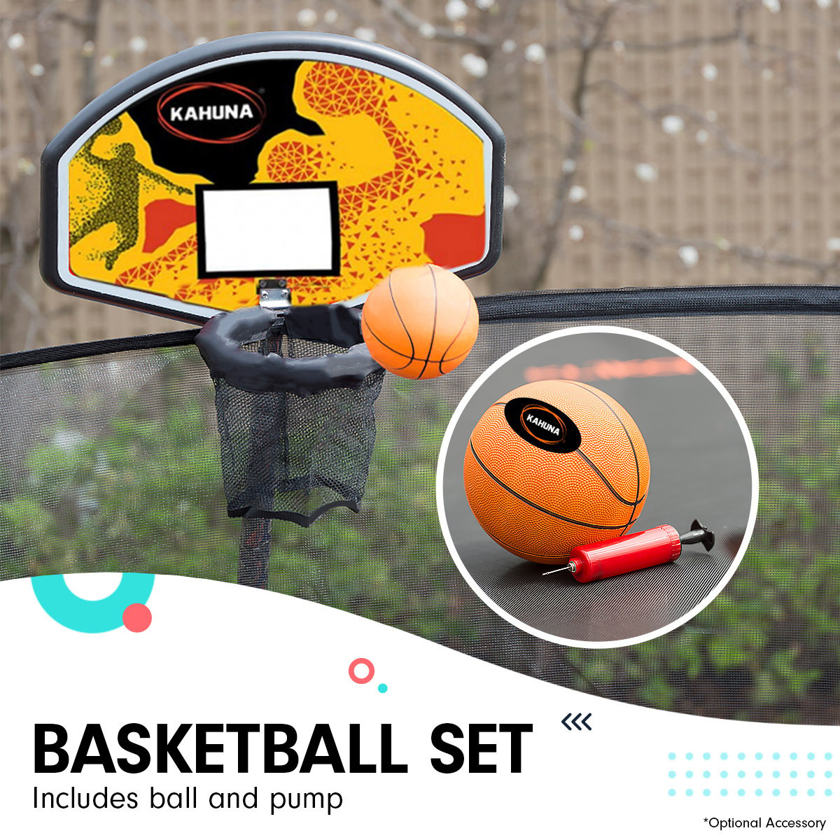 Trampolines & Accessories: Kahuna 8ft Outdoor Trampoline Kids Children With Safety Enclosure Mat Pad Net Ladder Basketball Hoop Set - Rainbow