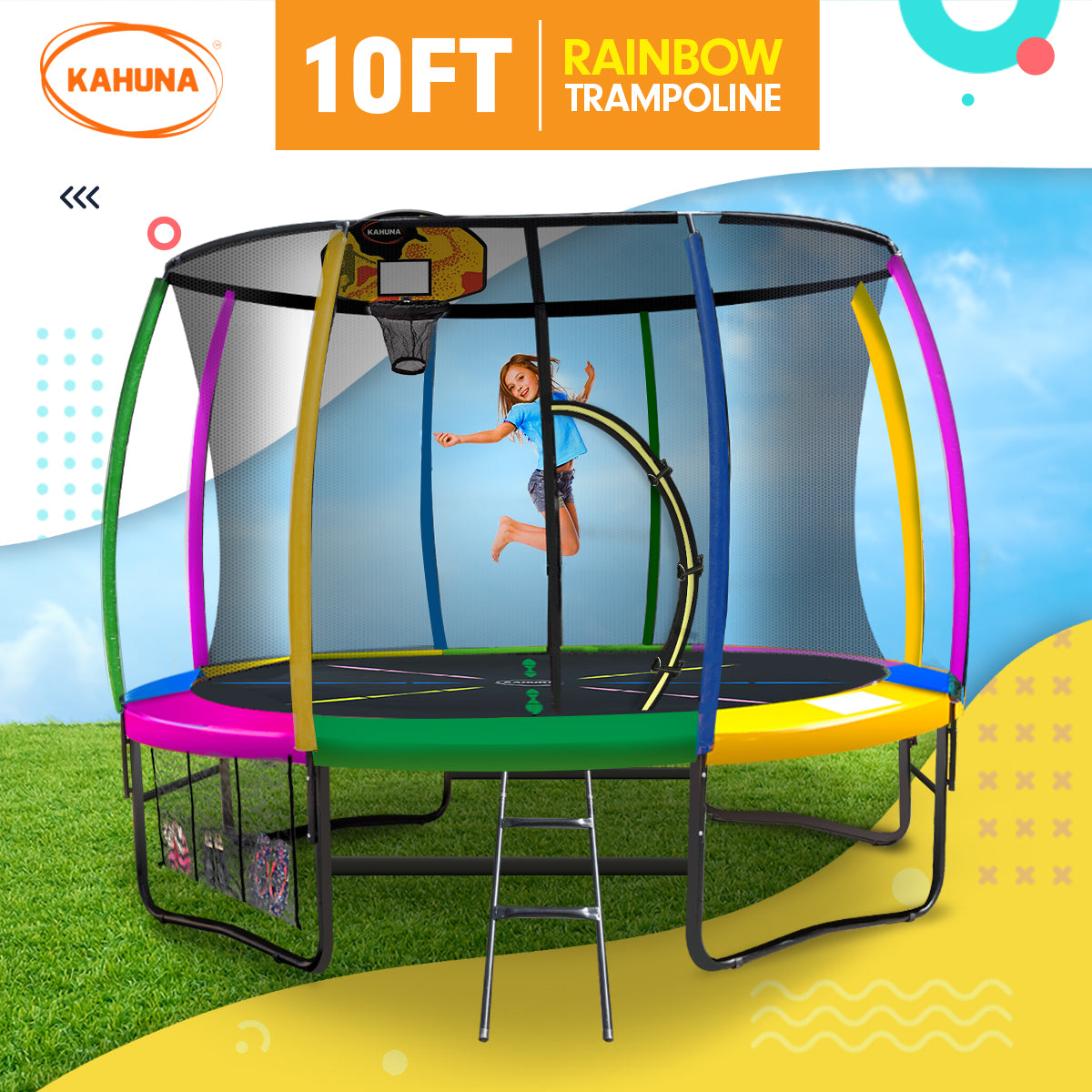 Trampolines & Accessories: Kahuna 10ft Outdoor Trampoline Kids Children With Safety Enclosure Pad Mat Ladder Basketball Hoop Set - Rainbow