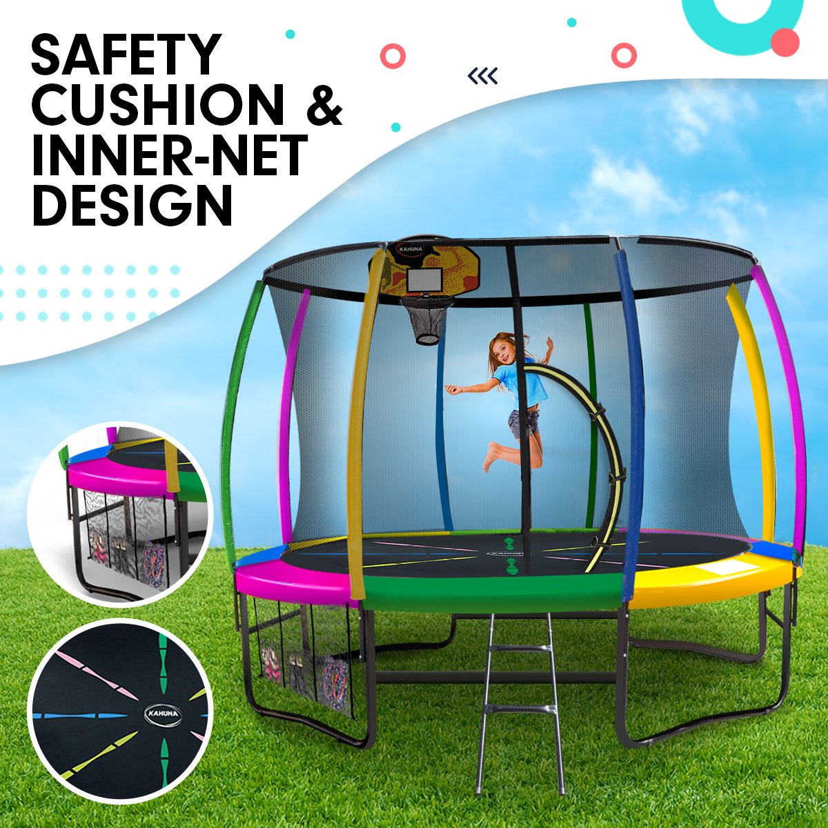 Trampolines & Accessories: Kahuna 10ft Outdoor Trampoline Kids Children With Safety Enclosure Pad Mat Ladder Basketball Hoop Set - Rainbow