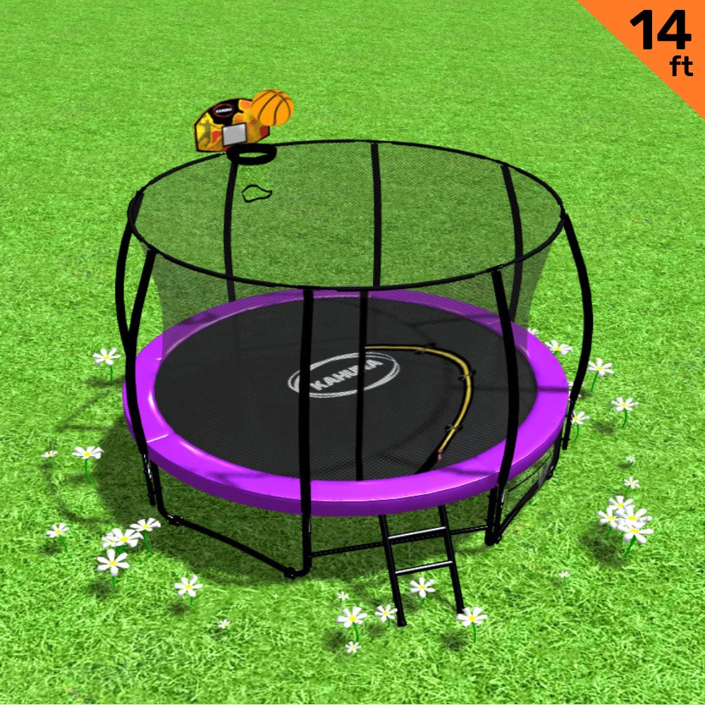 Trampolines & Accessories: Kahuna 14ft Outdoor Trampoline Kids Children With Safety Enclosure Pad Mat Ladder Basketball Hoop Set - Purple