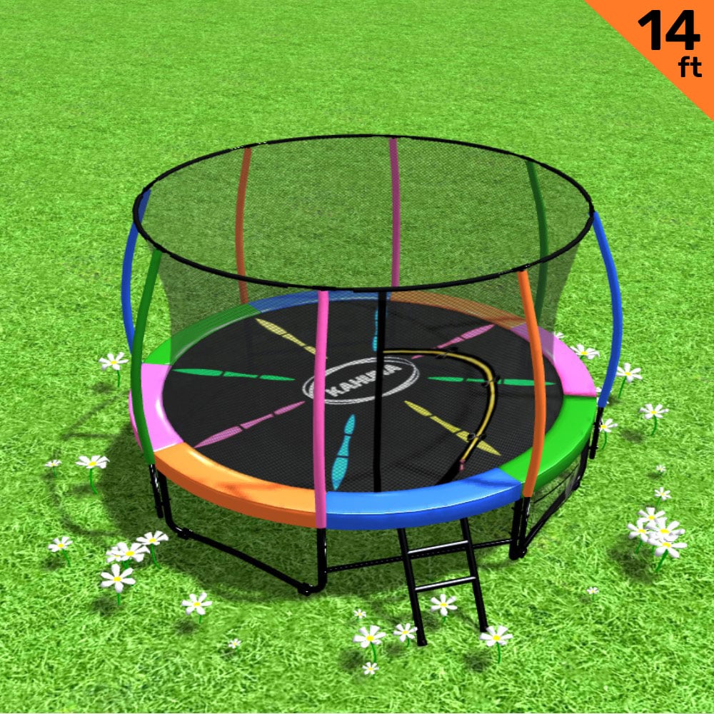 Trampolines & Accessories: Kahuna 14ft Trampoline Free Ladder Spring Mat Net Safety Pad Cover Round Enclosure - Rainbow
