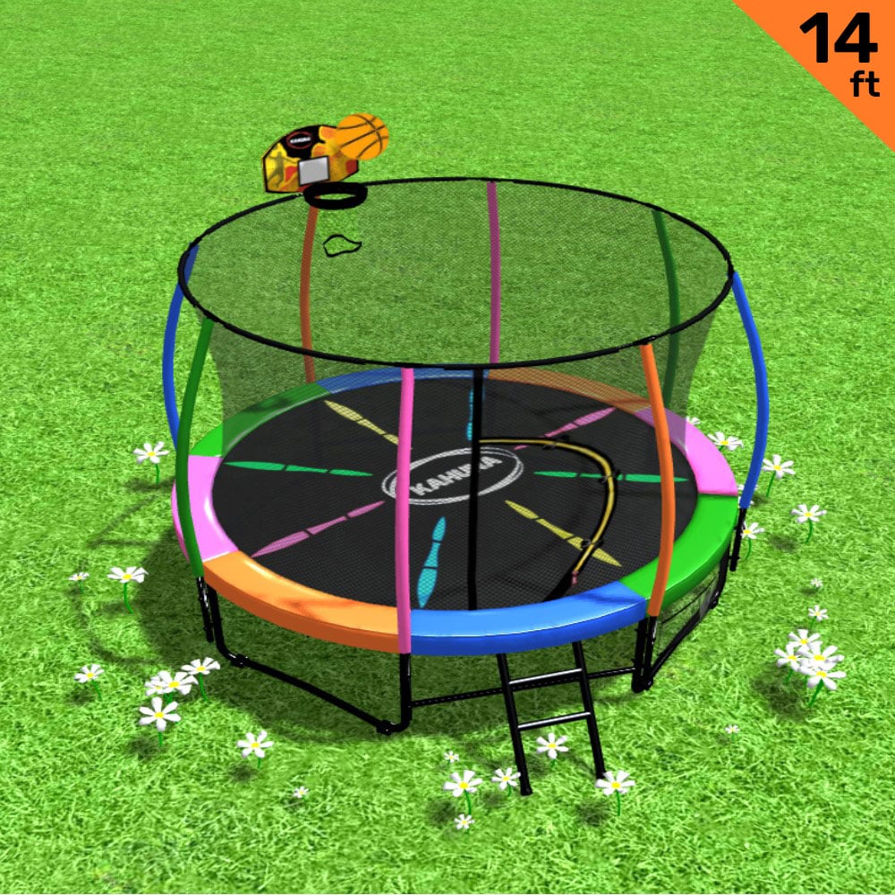 Trampolines & Accessories: Kahuna 14ft Outdoor Trampoline Kids Children With Safety Enclosure Pad Mat Ladder Basketball Hoop Set - Rainbow