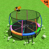 Trampolines & Accessories: Kahuna 14ft Outdoor Trampoline Kids Children With Safety Enclosure Pad Mat Ladder Basketball Hoop Set - Rainbow