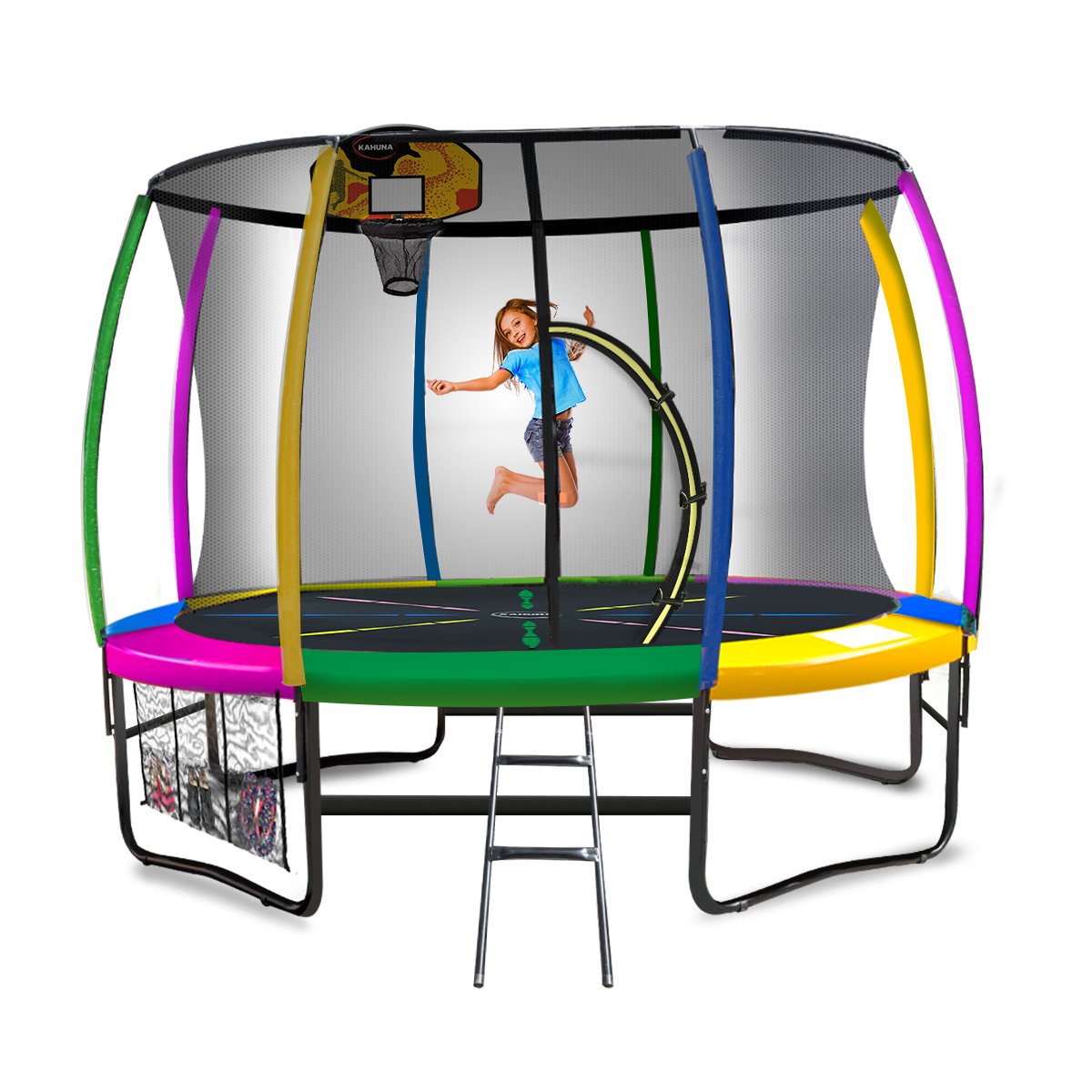 Trampolines & Accessories: Kahuna 14ft Outdoor Trampoline Kids Children With Safety Enclosure Pad Mat Ladder Basketball Hoop Set - Rainbow