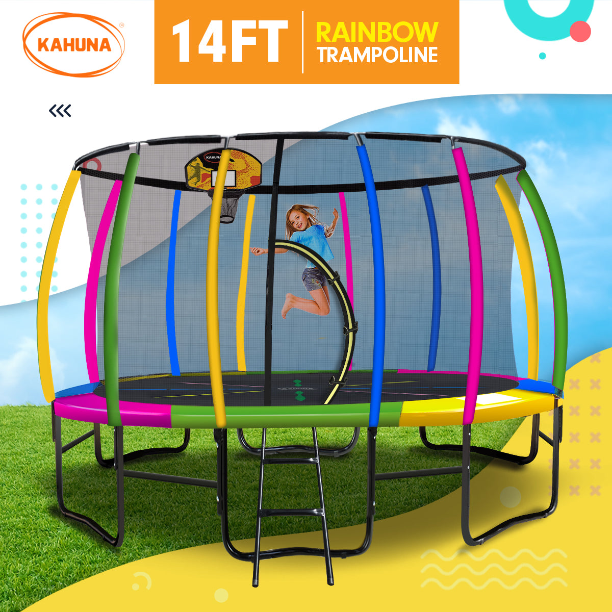 Trampolines & Accessories: Kahuna 14ft Outdoor Trampoline Kids Children With Safety Enclosure Pad Mat Ladder Basketball Hoop Set - Rainbow