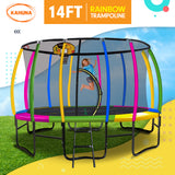 Trampolines & Accessories: Kahuna 14ft Outdoor Trampoline Kids Children With Safety Enclosure Pad Mat Ladder Basketball Hoop Set - Rainbow