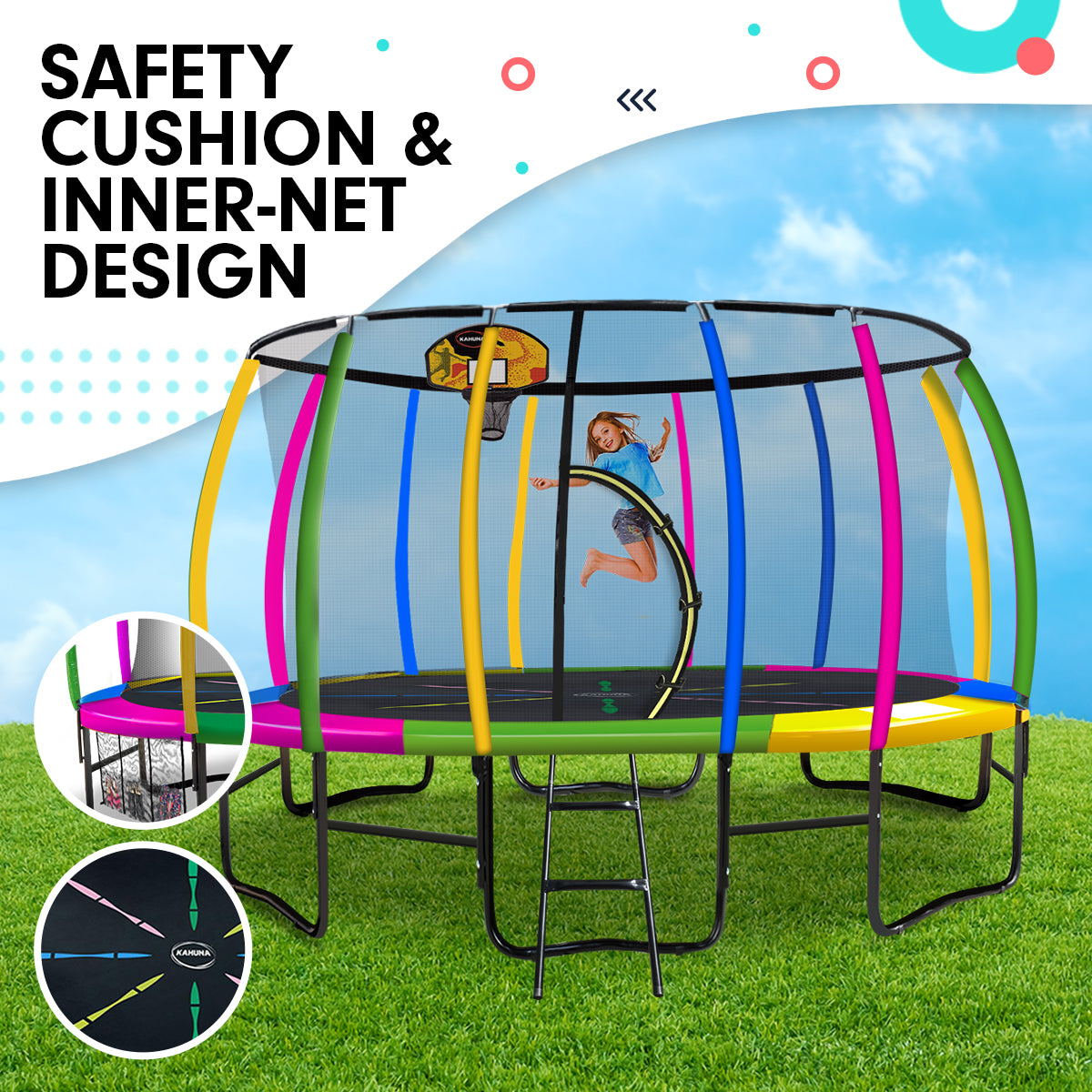 Trampolines & Accessories: Kahuna 14ft Outdoor Trampoline Kids Children With Safety Enclosure Pad Mat Ladder Basketball Hoop Set - Rainbow