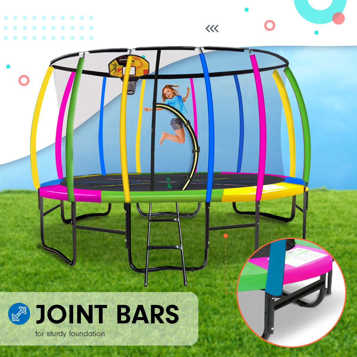 Trampolines & Accessories: Kahuna 14ft Outdoor Trampoline Kids Children With Safety Enclosure Pad Mat Ladder Basketball Hoop Set - Rainbow