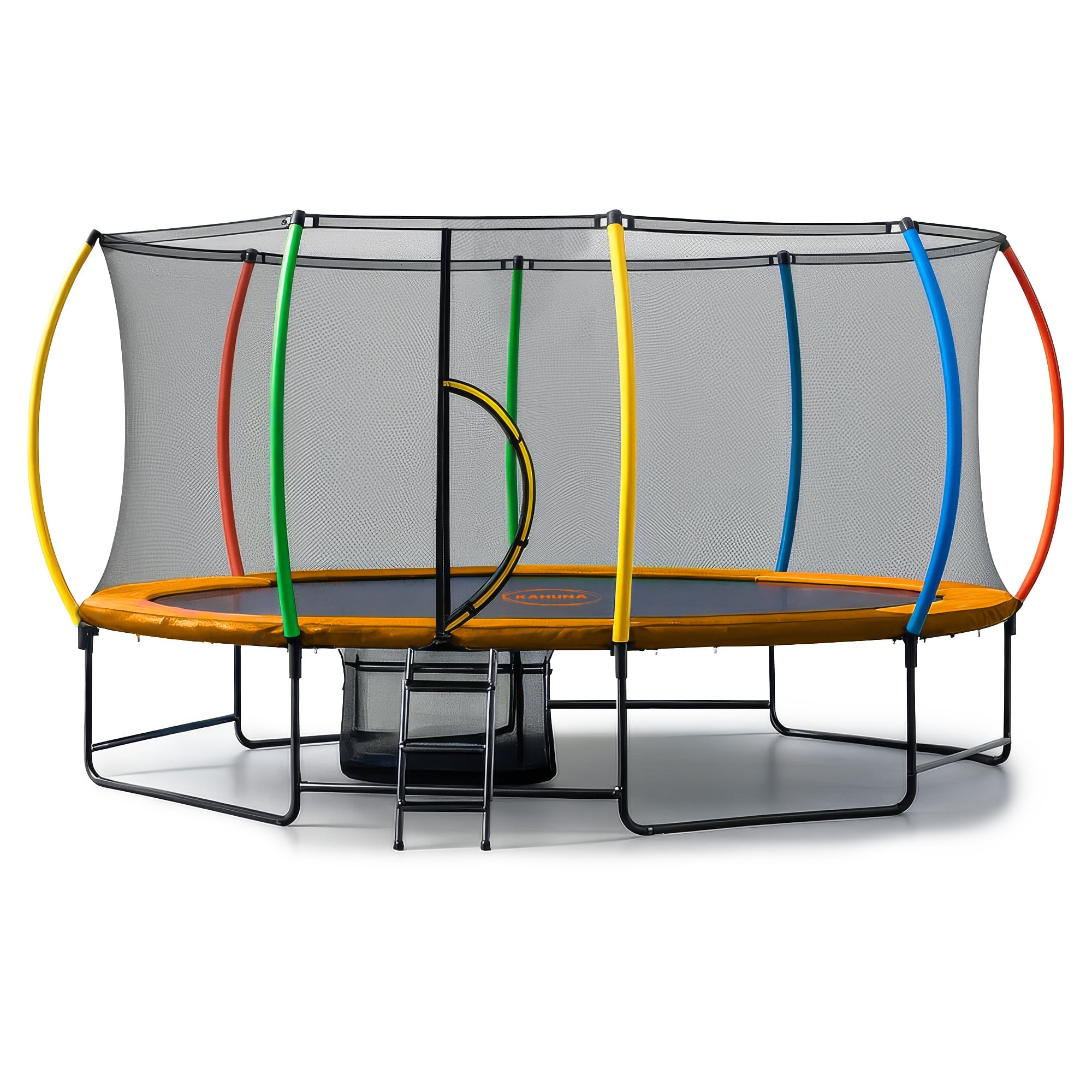 Trampolines & Accessories: Kahuna 10 ft x 15 ft Oval Outdoor Trampoline with Reversible Rainbow & Orange Safety Pad Safety Net and Ladder