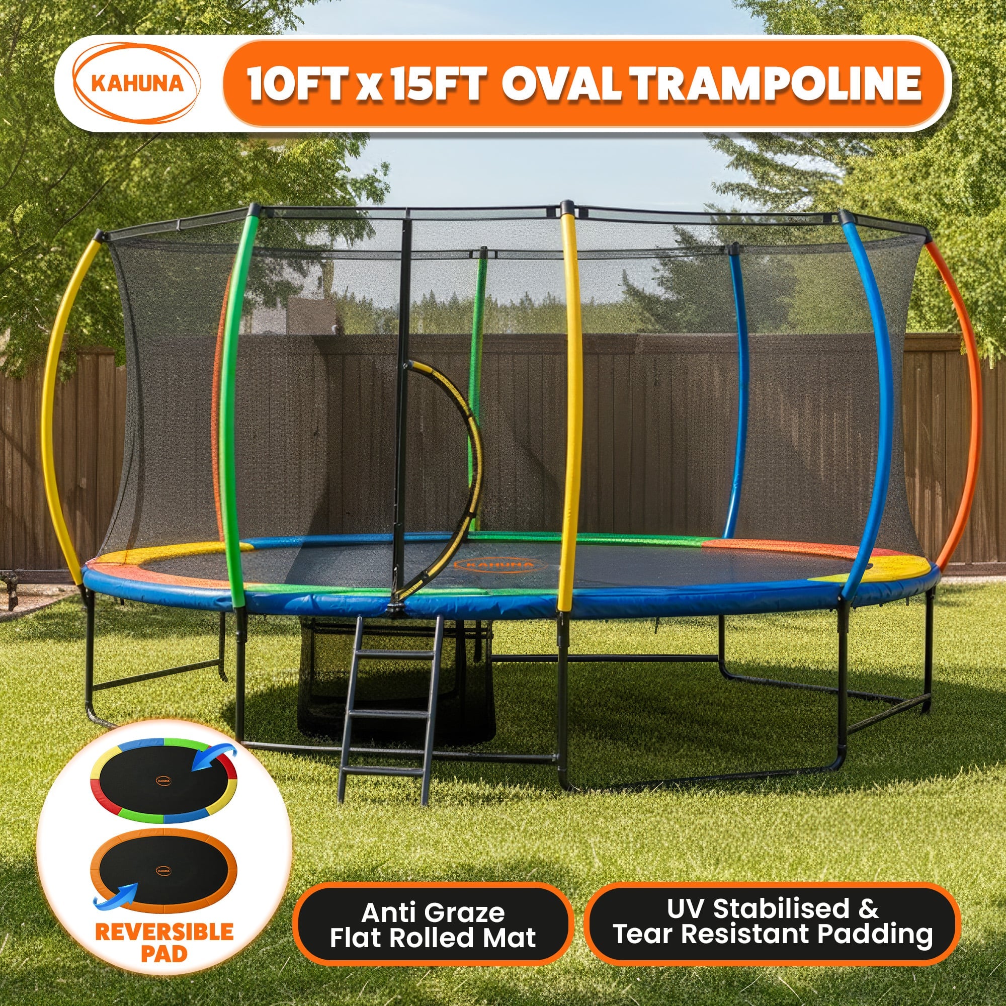 Trampolines & Accessories: Kahuna 10 ft x 15 ft Oval Outdoor Trampoline with Reversible Rainbow & Orange Safety Pad Safety Net and Ladder