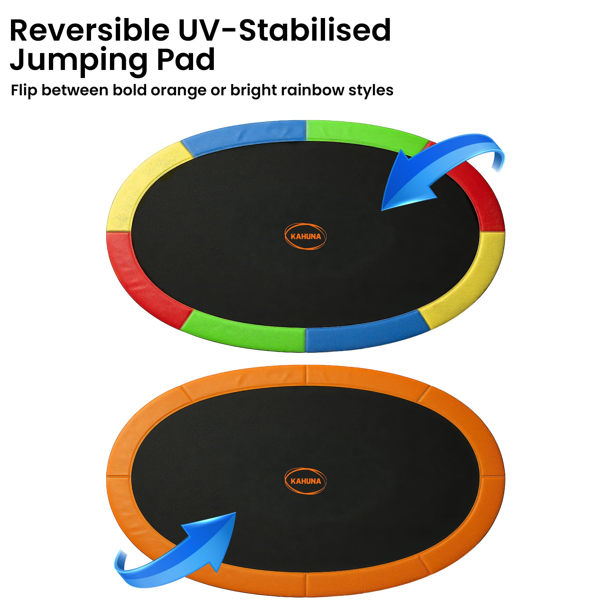 Trampolines & Accessories: Kahuna 10 ft x 15 ft Oval Outdoor Trampoline w/ Basketball Set Reversible Rainbow & Orange Safety Pad Safety Net Ladder