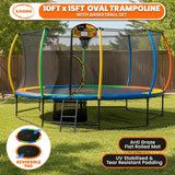 Trampolines & Accessories: Kahuna 10 ft x 15 ft Oval Outdoor Trampoline w/ Basketball Set Reversible Rainbow & Orange Safety Pad Safety Net Ladder