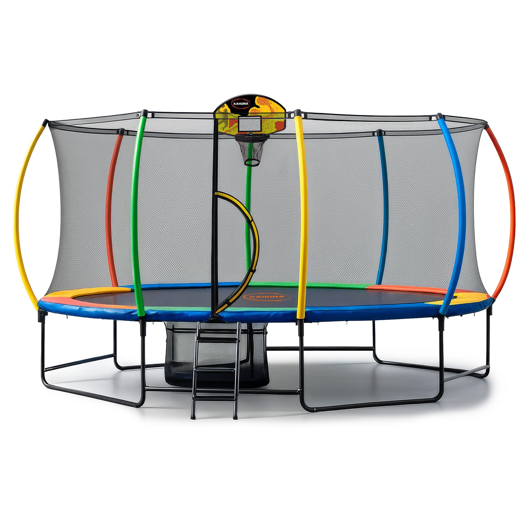 Trampolines & Accessories: Kahuna 10 ft x 15 ft Oval Outdoor Trampoline L.E.D. Basketball Set Reversible Rainbow & Orange Safety Pad Safety Net Ladder