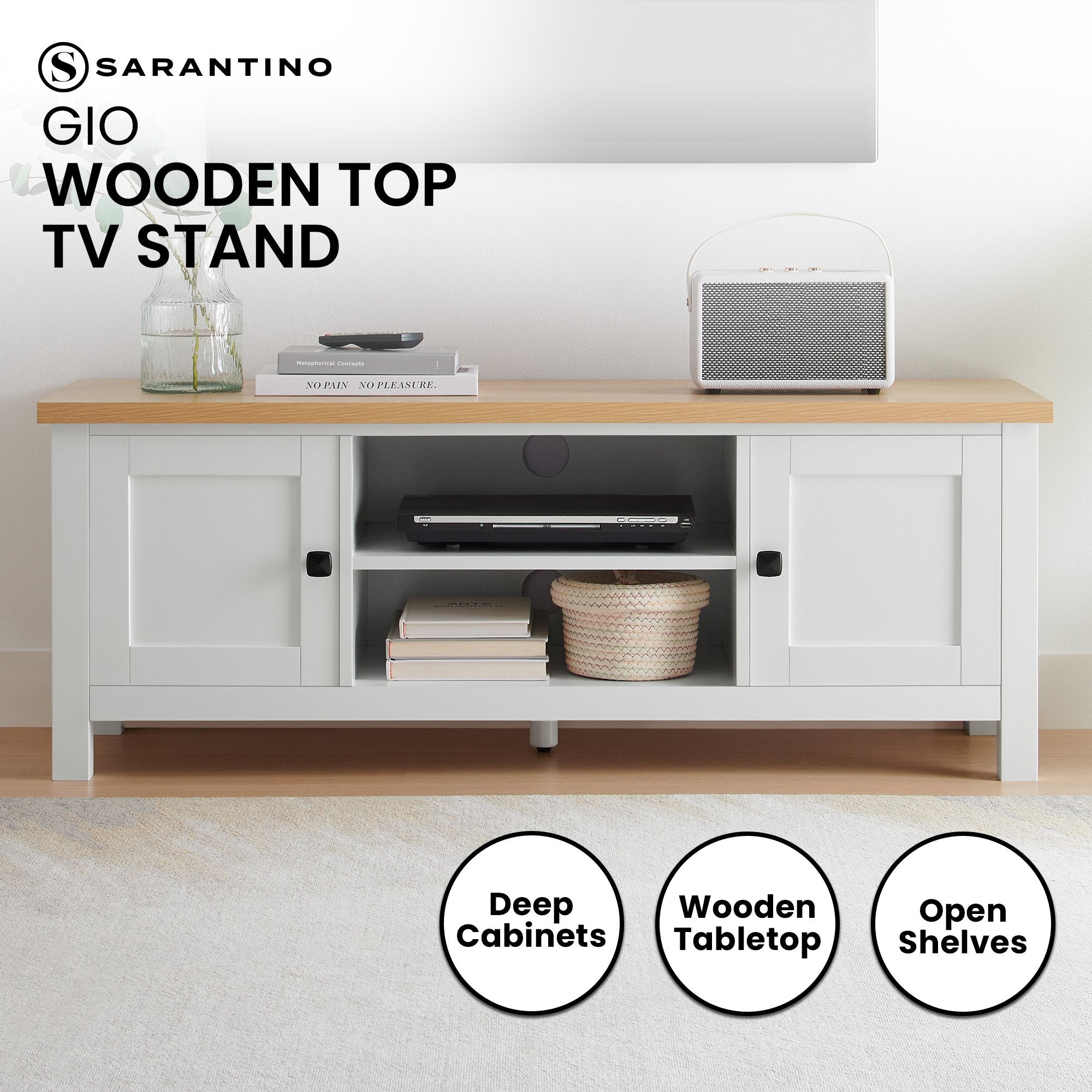 Pretend Play: Sarantino Gio TV Entertainment Stand Cabinet Cupboard in White and Natural Wood Finish