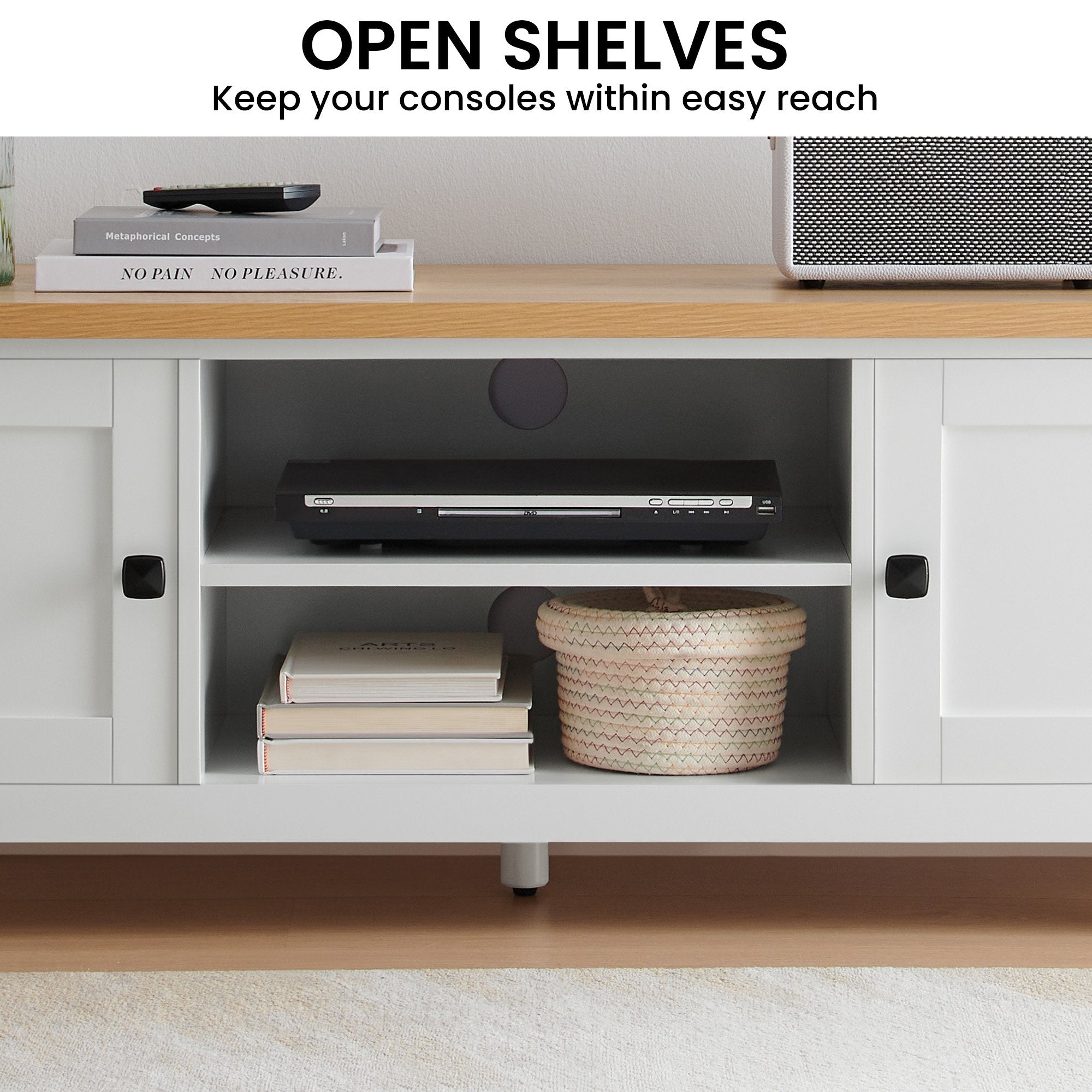 Pretend Play: Sarantino Gio TV Entertainment Stand Cabinet Cupboard in White and Natural Wood Finish