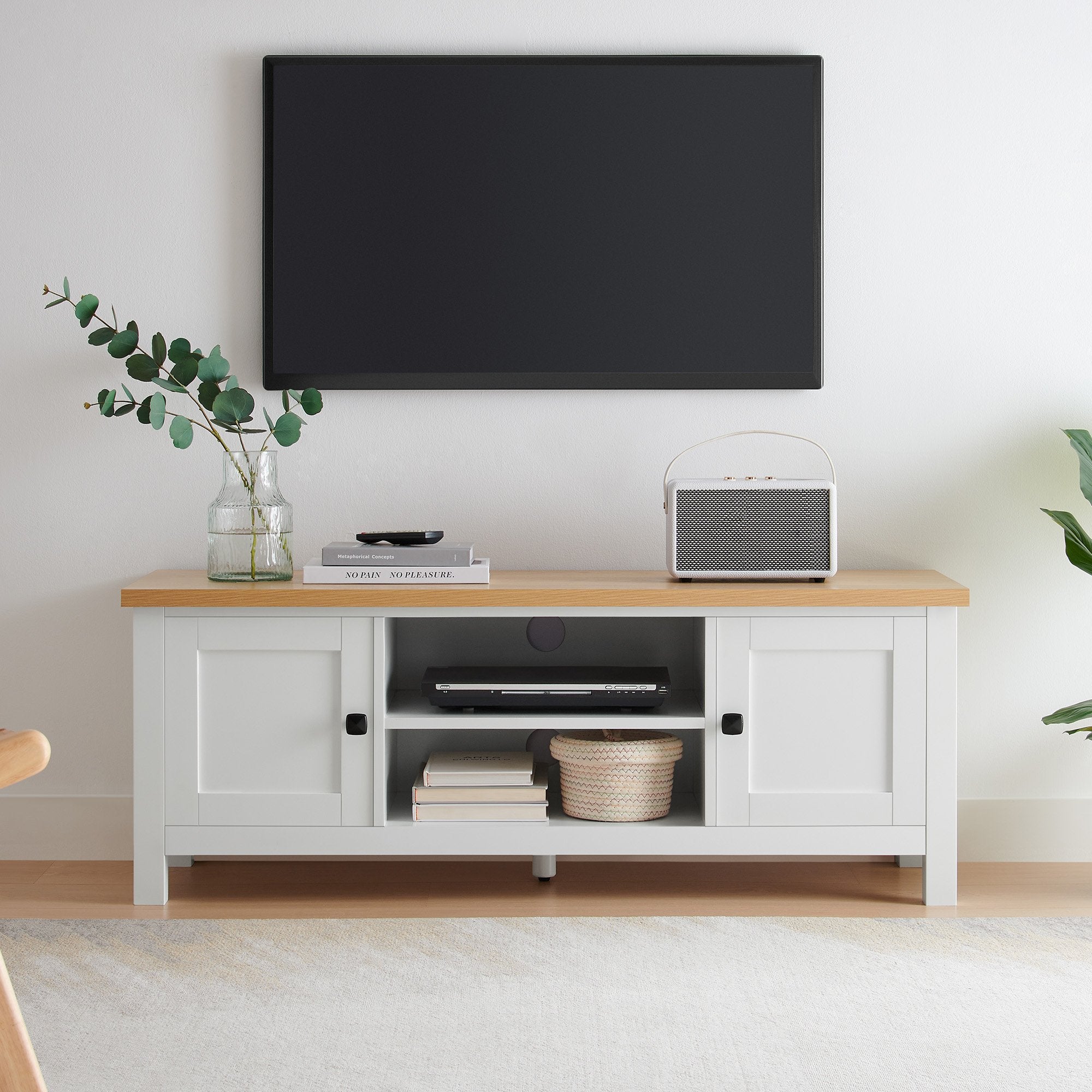 Pretend Play: Sarantino Gio TV Entertainment Stand Cabinet Cupboard in White and Natural Wood Finish