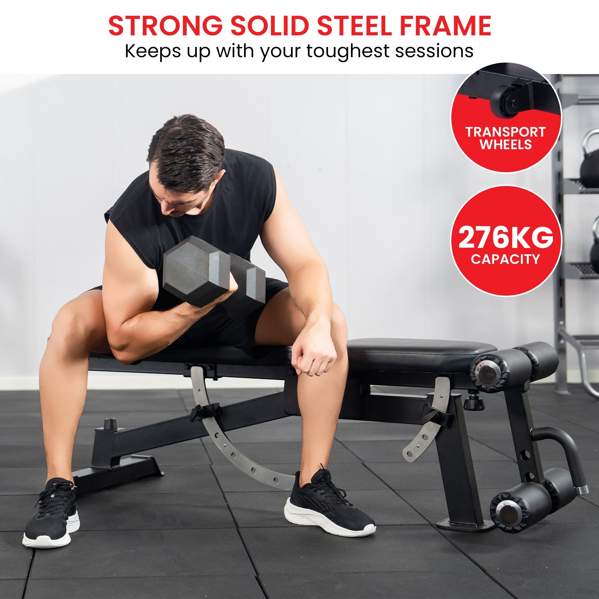 Exercise Benches: Powertrain Multi Workout Bench with Transport Wheels and Adjustable Backrest