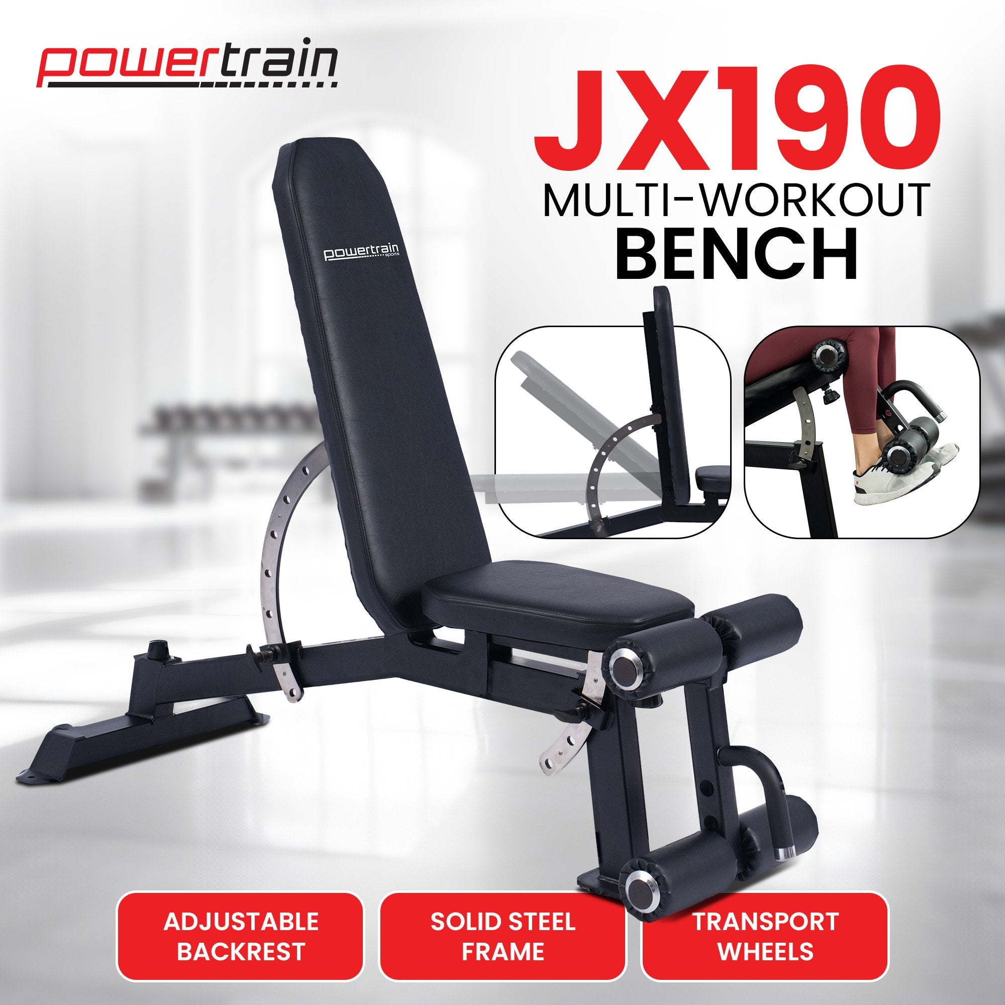 Exercise Benches: Powertrain Multi Workout Bench with Transport Wheels and Adjustable Backrest