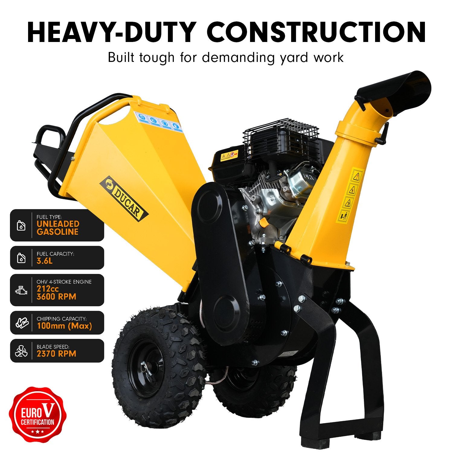 Gardening Tools: Ducar 70p 3600 Rpm Yellow Black Wood Chipper Shredder Mulcher Grinder Recoil & Electrical Starting System 100mm Capacity Ohv 4-stroke Engine 212cc Unleaded Petrol