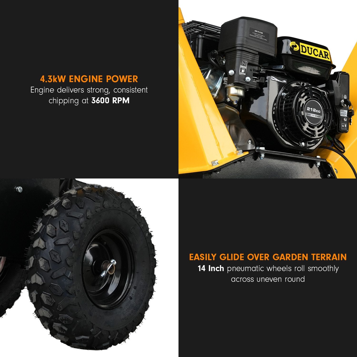 Gardening Tools: Ducar 70p 3600 Rpm Yellow Black Wood Chipper Shredder Mulcher Grinder Recoil & Electrical Starting System 100mm Capacity Ohv 4-stroke Engine 212cc Unleaded Petrol