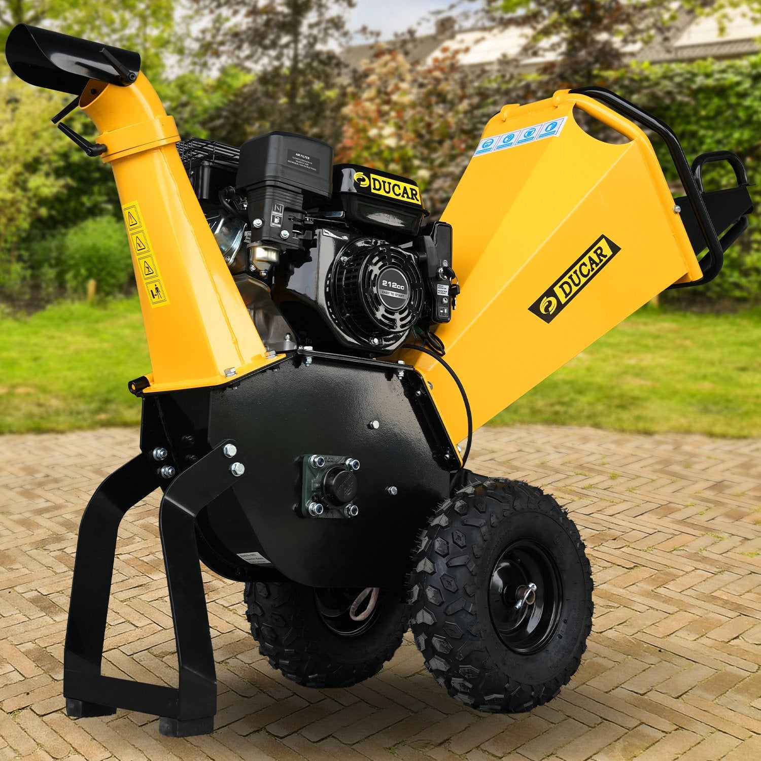 Gardening Tools: Ducar 70p 3600 Rpm Yellow Black Wood Chipper Shredder Mulcher Grinder Recoil & Electrical Starting System 100mm Capacity Ohv 4-stroke Engine 212cc Unleaded Petrol