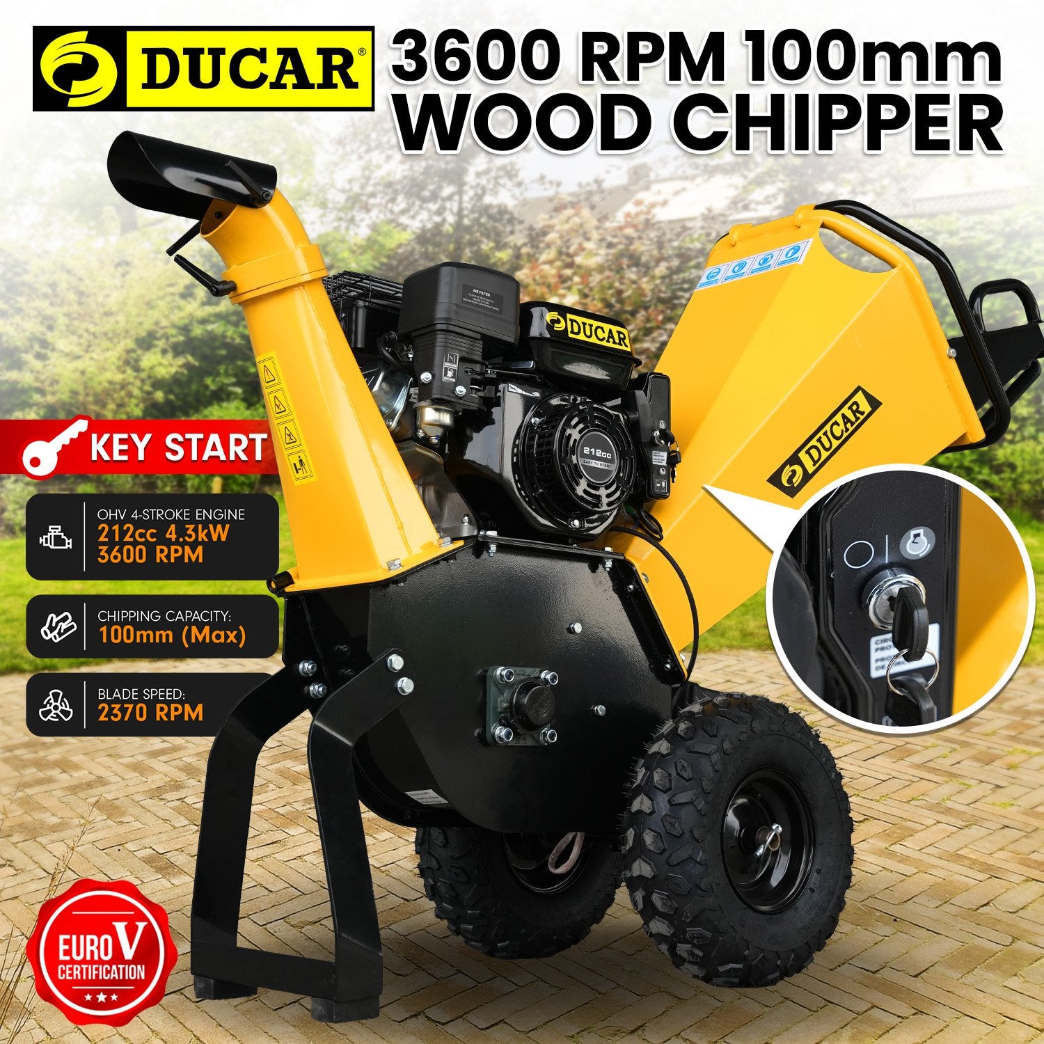 Gardening Tools: Ducar 70p 3600 Rpm Yellow Black Wood Chipper Shredder Mulcher Grinder Recoil & Electrical Starting System 100mm Capacity Ohv 4-stroke Engine 212cc Unleaded Petrol