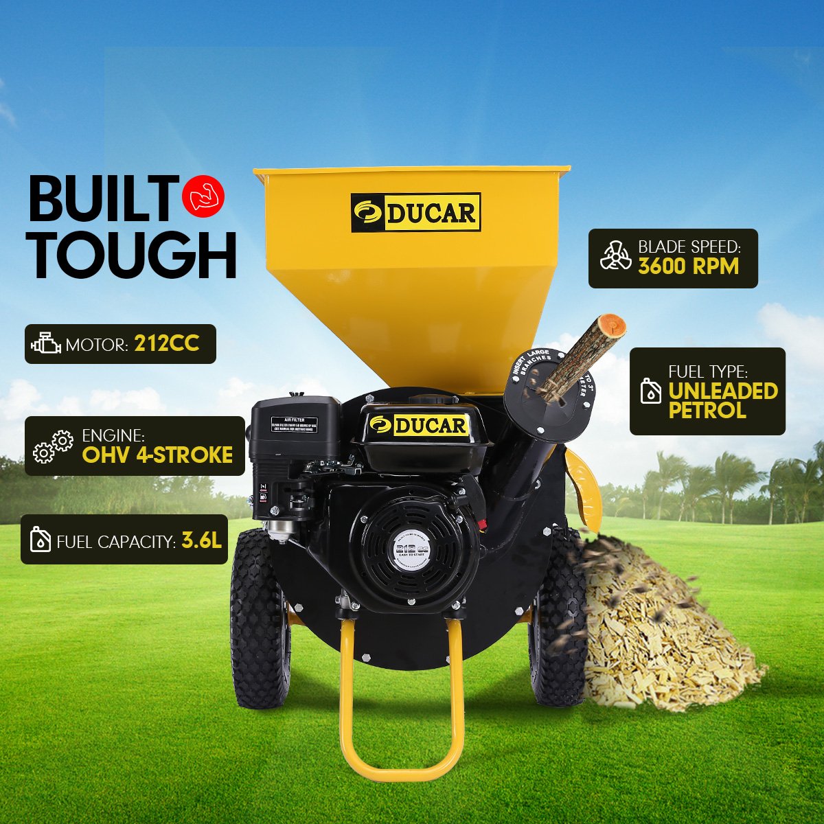 Gardening Tools: Ducar Wood Chipper Shredder Mulcher Garden 8hp Petrol Motor Upright Grinder - Yellow
