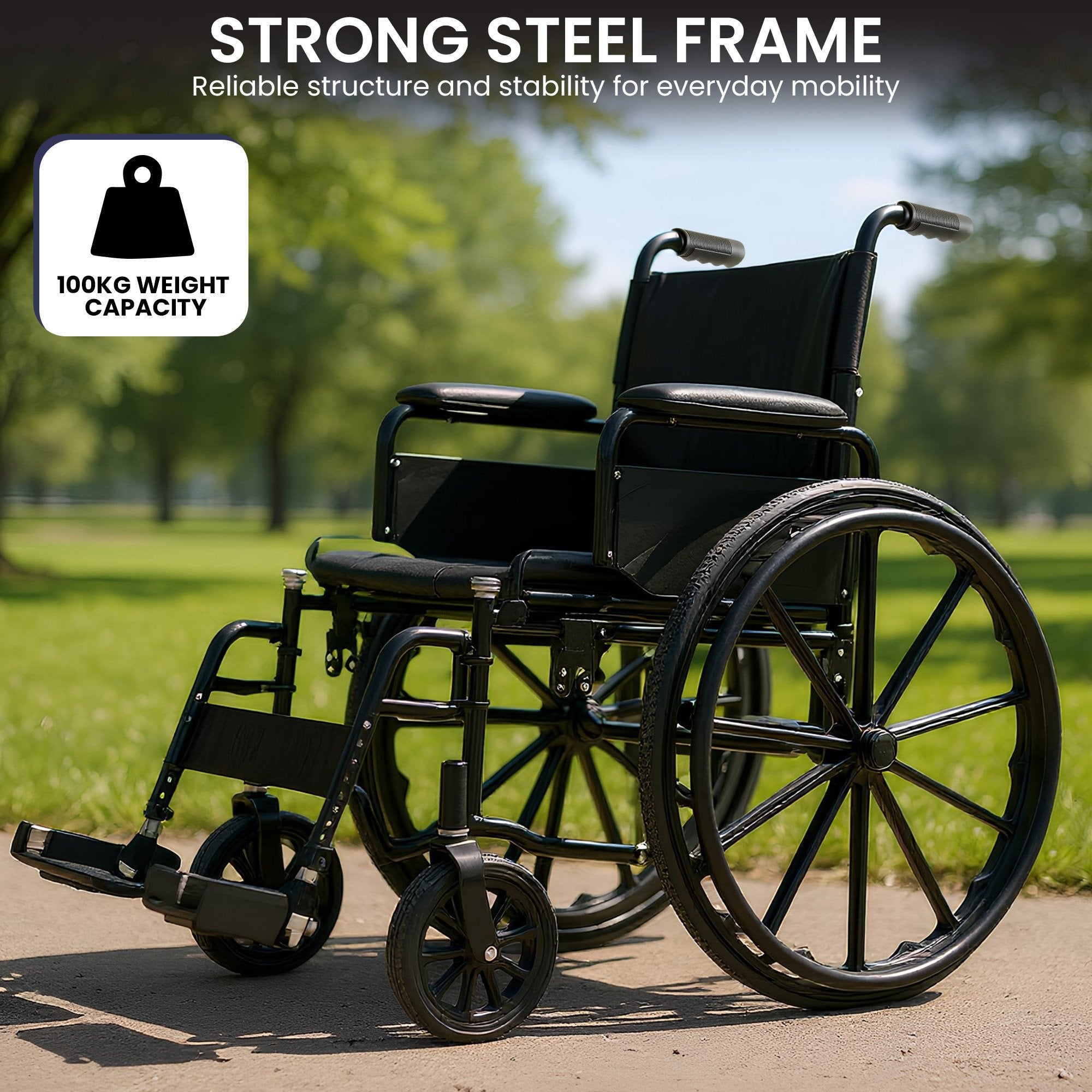 Mobility & Accessibility: Orthonica New Steel Wheelchair In Black Foldable Lightweight Disability Aid Portable Heavy-duty 24-inch Adjustable Footrest Steel Frame