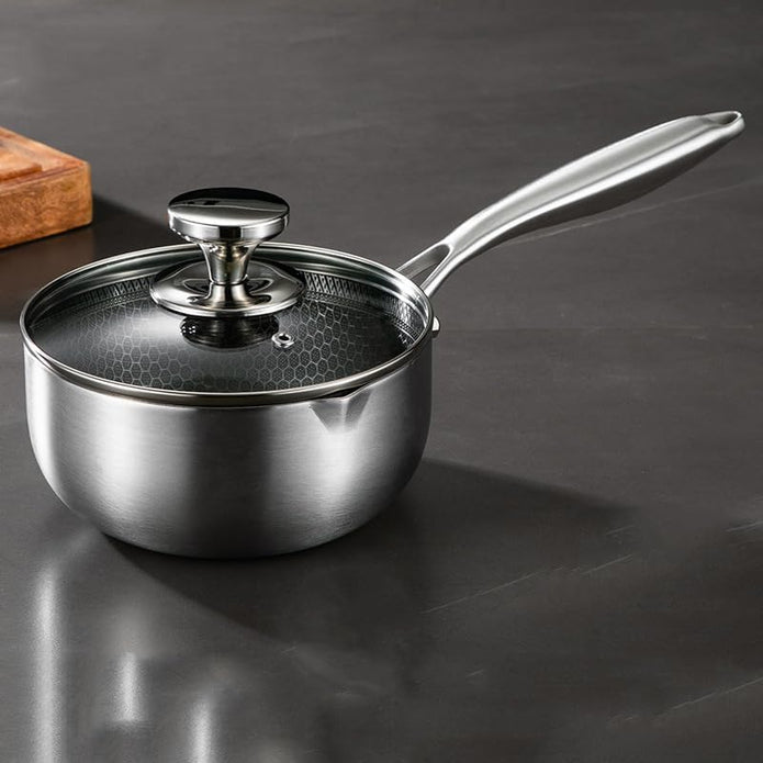 Skillets & Frying Pans: 18cm 316L Stainless Steel Saucepan Compound Steel Honeycomb Nonstick Sauce Pan with Glass Lid 1.5L Pot Stay-Cool Handle Multipurpose Milk Saucepan, Induction Capable and Gas Stove