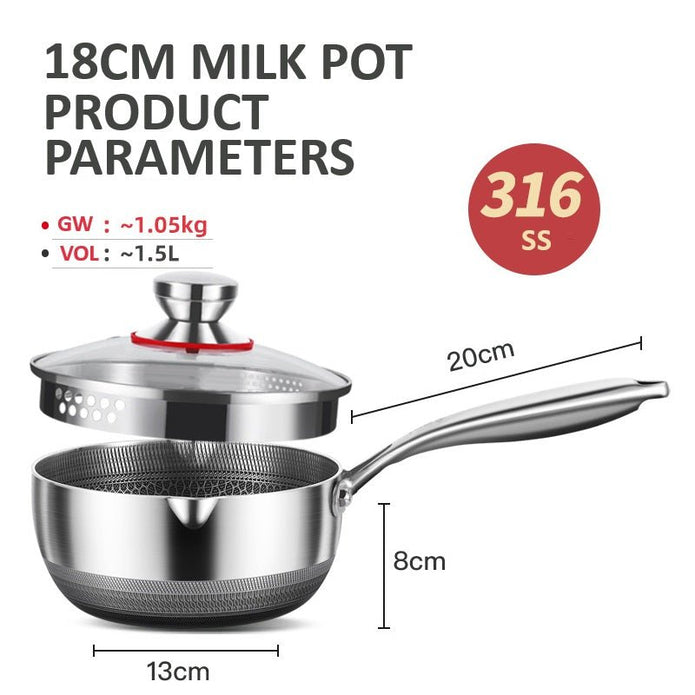 Skillets & Frying Pans: 18cm 316L Stainless Steel Saucepan Compound Steel Honeycomb Nonstick Sauce Pan with Glass Lid 1.5L Pot Stay-Cool Handle Multipurpose Milk Saucepan, Induction Capable and Gas Stove