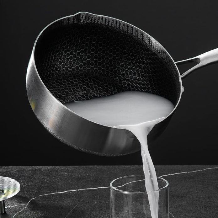 Skillets & Frying Pans: 20cm 316L Stainless Steel Saucepan Compound Steel Honeycomb Nonstick Sauce Pan with Glass Lid 2.2L Pot Stay-Cool Handle Multipurpose Milk Saucepan, Induction Capable and Gas Stove