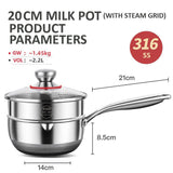 20cm 316L Stainless Steel Saucepan Compound Steel Honeycomb Nonstick Sauce Pan with Glass Lid 2.2L Pot Stay-Cool Handle Multipurpose Milk Saucepan, Induction Capable and Gas Stove