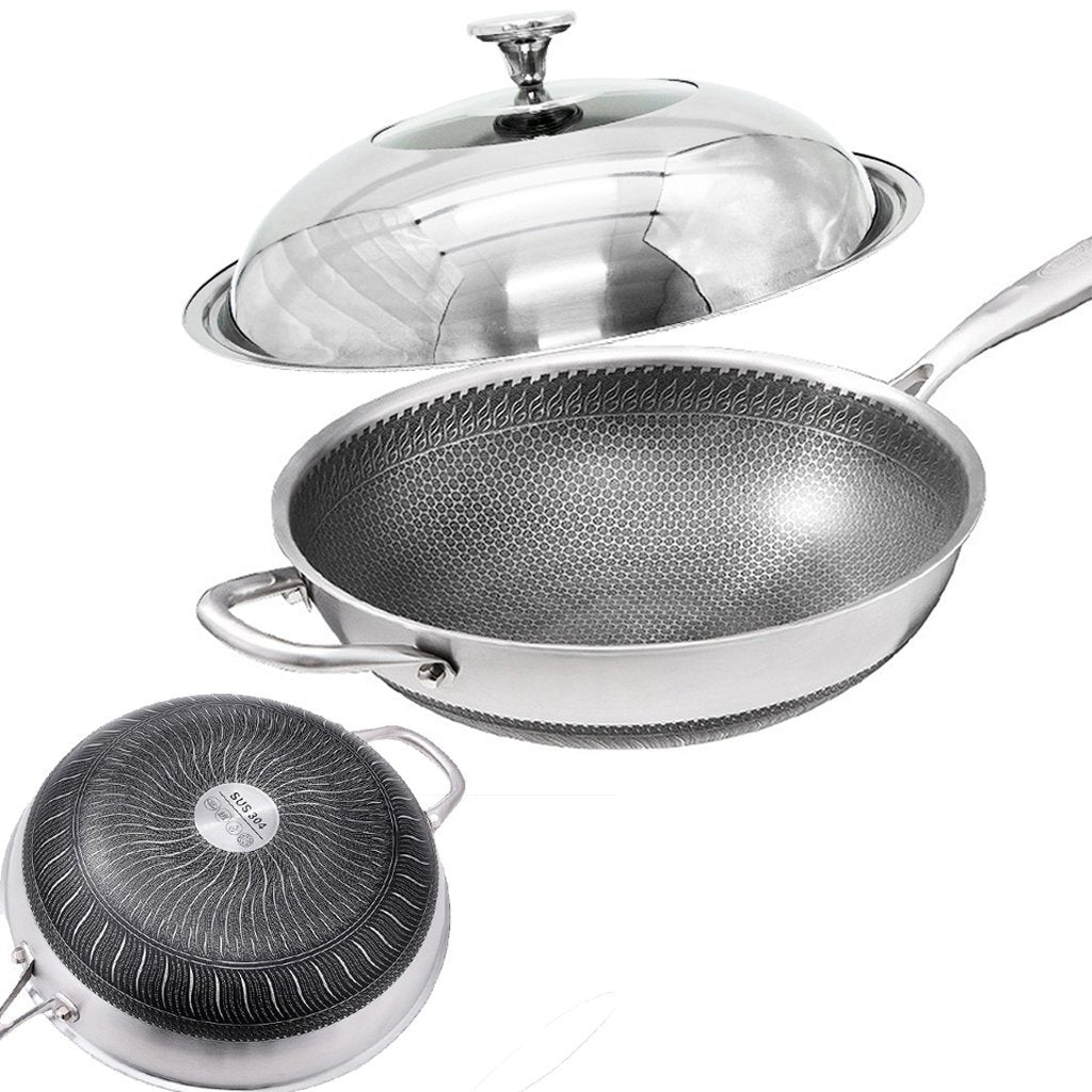 Skillets & Frying Pans: 34cm 304 Stainless Steel Non-Stick Stir Fry Cooking Kitchen Honeycomb Wok Pan with Lid