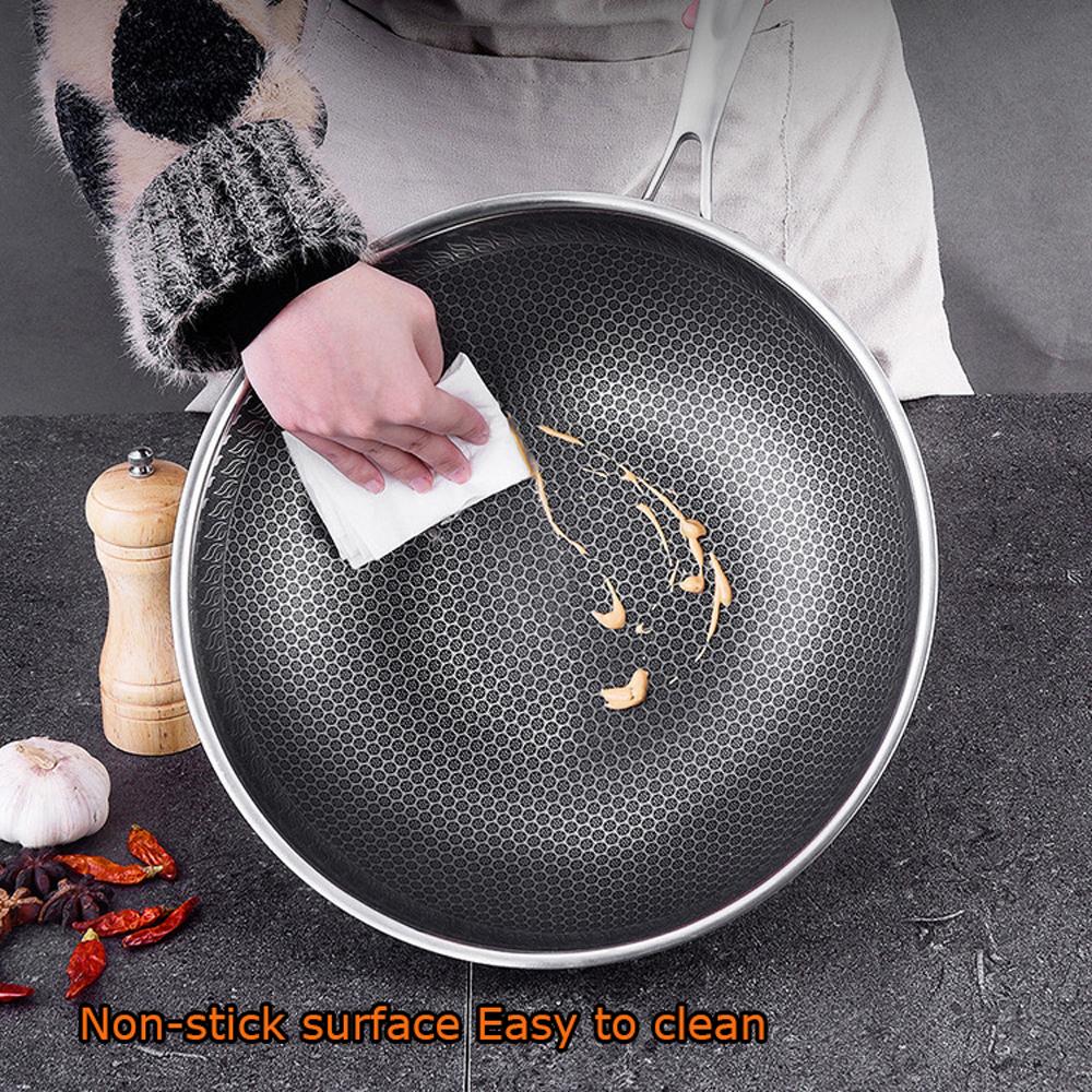 Skillets & Frying Pans: 34cm 304 Stainless Steel Non-Stick Stir Fry Cooking Kitchen Honeycomb Wok Pan with Lid