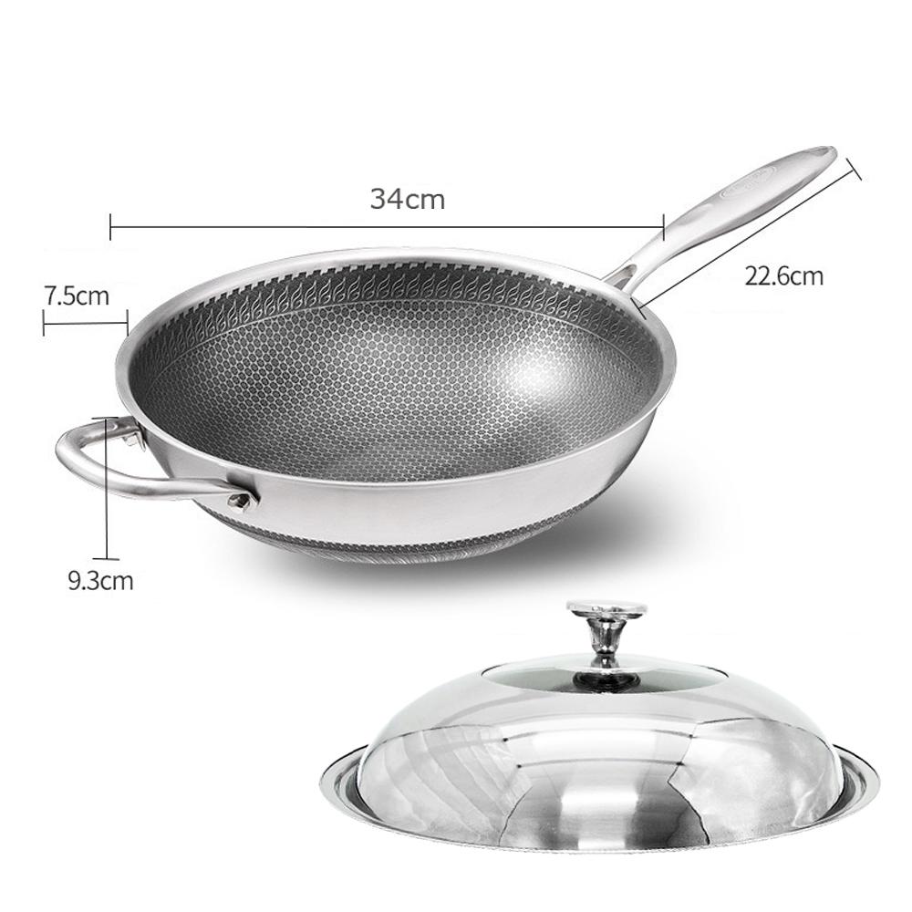 Skillets & Frying Pans: 34cm 304 Stainless Steel Non-Stick Stir Fry Cooking Kitchen Honeycomb Wok Pan with Lid